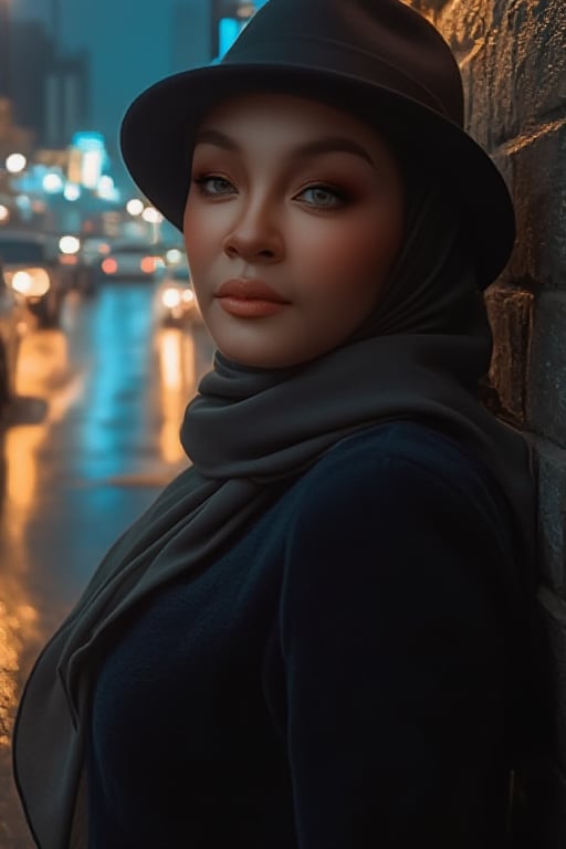 A sultry woman poses languidly against a rain-soaked city street at dusk, fedora and stylish scarf accentuating her enigmatic allure. Soft focus and dramatic contrast create a sense of intrigue, as she gazes out into the misty night air, deep shadows dancing across her porcelain skin like a noir-inspired film's protagonist.