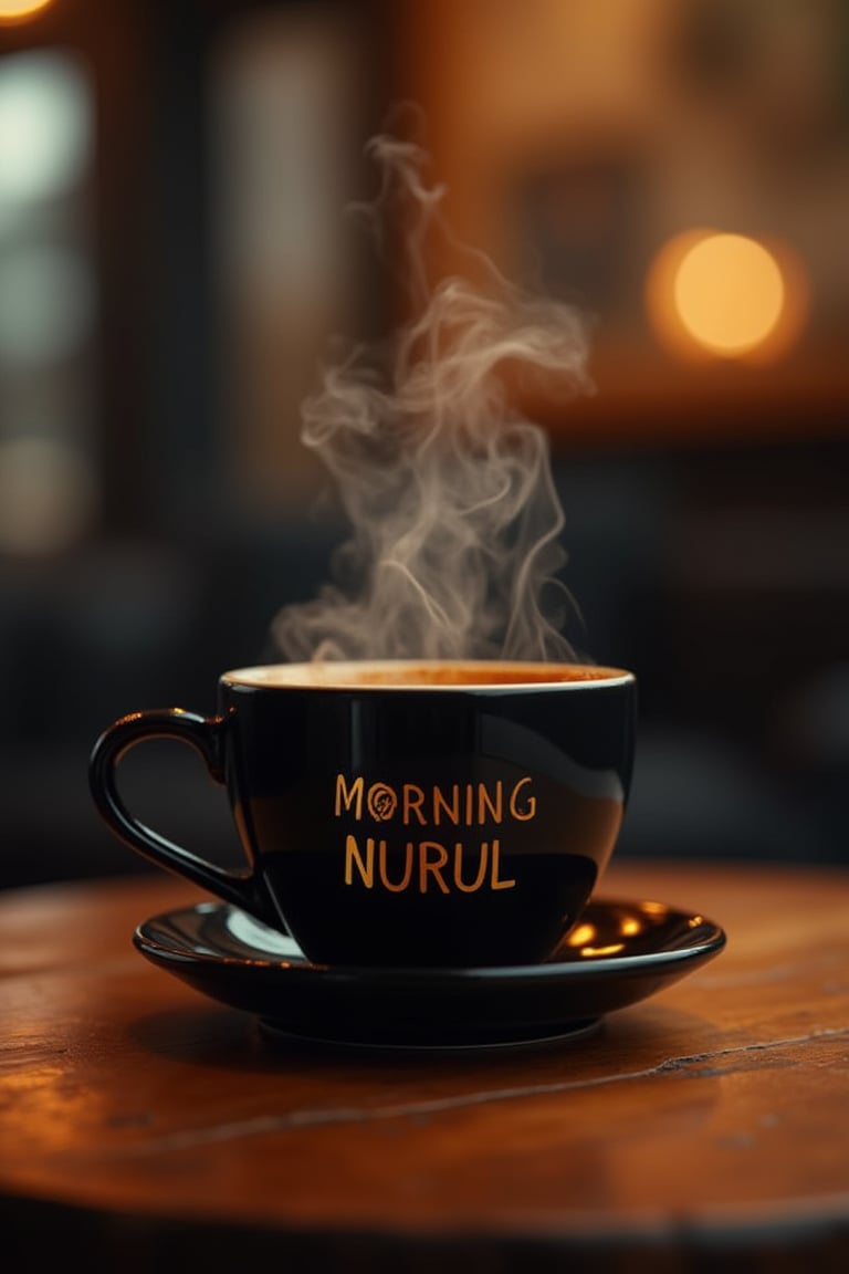 A mock-up of a black mug with the gold text MORNING NURUL prominently displayed, placed on a table in a cozy cafe, filled with hot tea. The mug is warm and inviting, with the text standing out clearly against the rich background. The composition is clean and balanced, with the mug centered on the table. The lighting is soft and warm, enhancing the details of the design. The framing is close-up, focusing on the mug, the text, and the steam rising from the hot tea. The cozy cafe setting provides a welcoming backdrop.