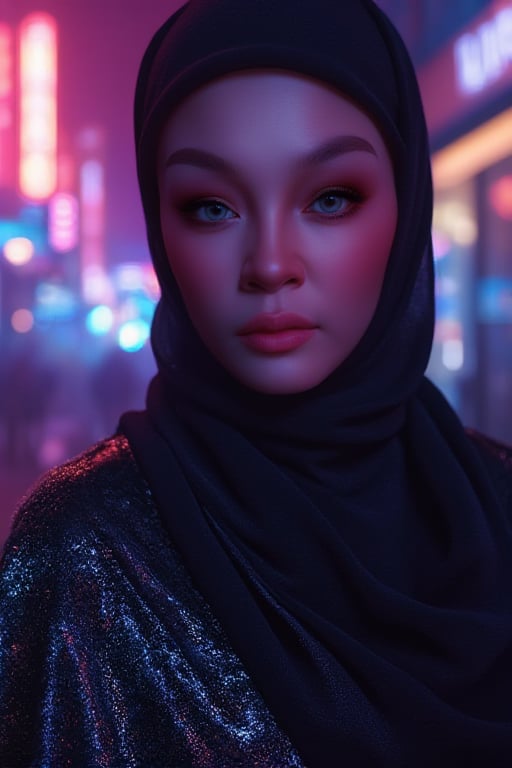 A close-up shot of a woman's face, bathed in an ethereal glow, dominates the frame against the gritty, dystopian cityscape. The neon-lit atmosphere casts a mesmerizing sheen on her metallic shawl-style attire, contrasting with the flowing black nightshade-like fabric. Her gaze, piercing and determined, seems to lock onto the viewer, drawing them into the dark fantasy world where technology and mysticism collide.