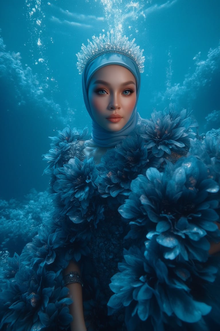 A serene underwater scene: A hijabi woman stands elegantly amidst a sea of blue-black flower petals, her porcelain skin glowing in the soft natural light. Sparkling eyes and a crystal tiara adorn her face, while her hair cascades like golden silk. She wears a stunning dress made from delicate petals, with fabulous makeup accentuating her gorgeous features. The camera captures every detail in high definition, 4K resolution. The subject poses regally, surrounded by the subtle glow of phosphorescent lighting and the vibrant blue sea, as if bathed in an ethereal light.