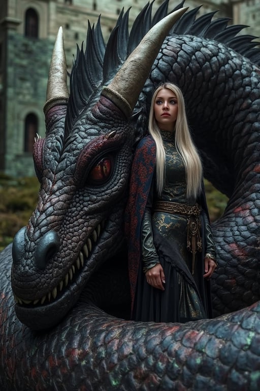 Here's a majestic image of a woman standing confidently in the middle of ancient city ruins built on a rugged cliffside at dawn's warm golden light. The camera shoots from a slightly low angle to emphasize grandeur, capturing the worn stone structures and the majestic dragon wrapped around her. The dragon's scales shimmer in green, bronze, and black hues with sharp horns and partially spread wings. The woman wears a loose black hooded shawl with red highlights, her dark brown eyes gazing into the distance behind long eyelashes as she stands firm against the ancient backdrop.