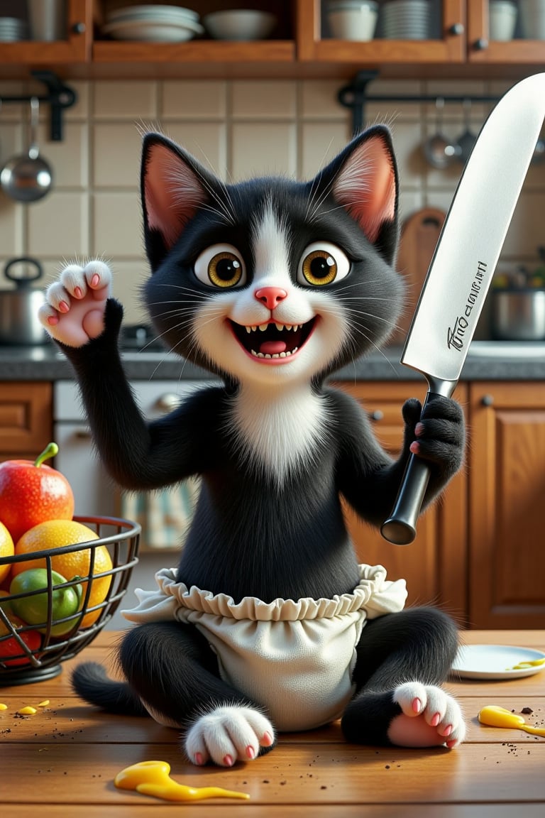 A 3D Pixar-style anthropomorphic tuxedo kitten baby sitting like a healthy,  mischievous human baby on a wooden kitchen ta...
