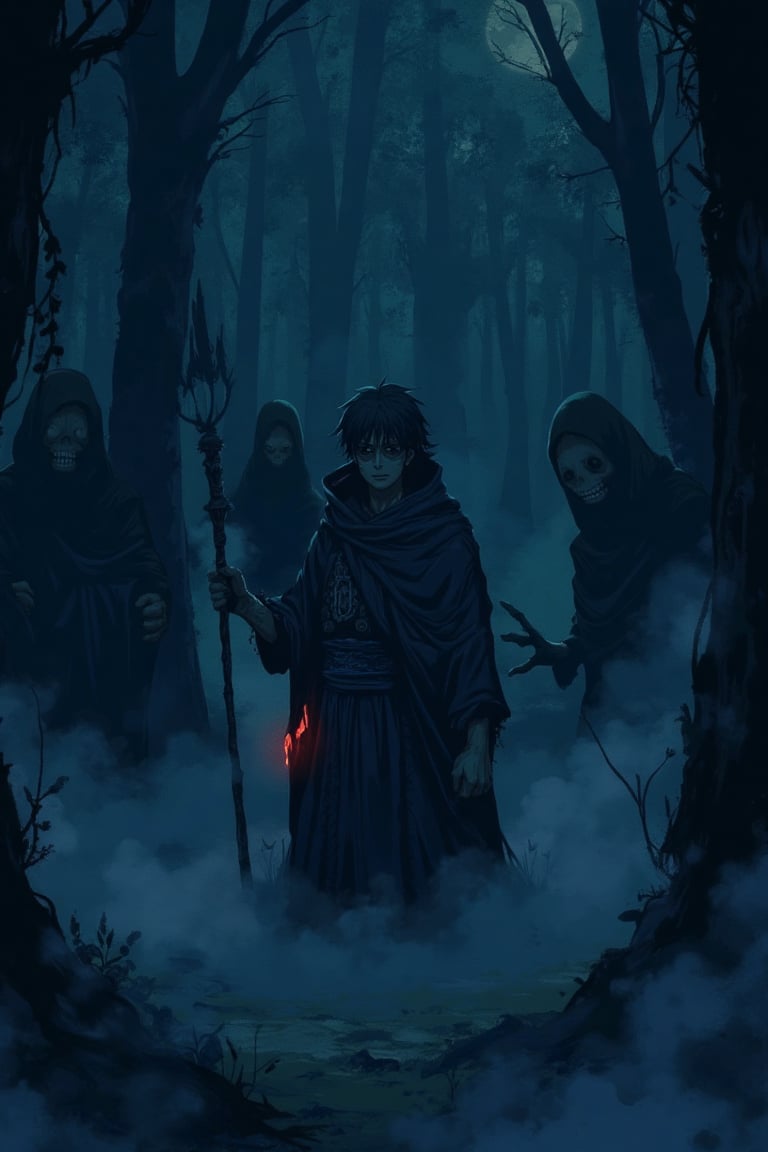 A dark, eerie anime scene set on Halloween night. A young shaman stands in a misty forest clearing, illuminated by moonlight and surrounded by ghostly apparitions. He wears traditional shamanic robes and holds a glowing staff. The atmosphere is tense, with fog swirling around his feet and the trees looming ominously in the background. The shaman's expression is focused and determined, as he performs a ritual to ward off malevolent spirits. The composition is dynamic, with the shaman at the center, framed by the haunting environment.