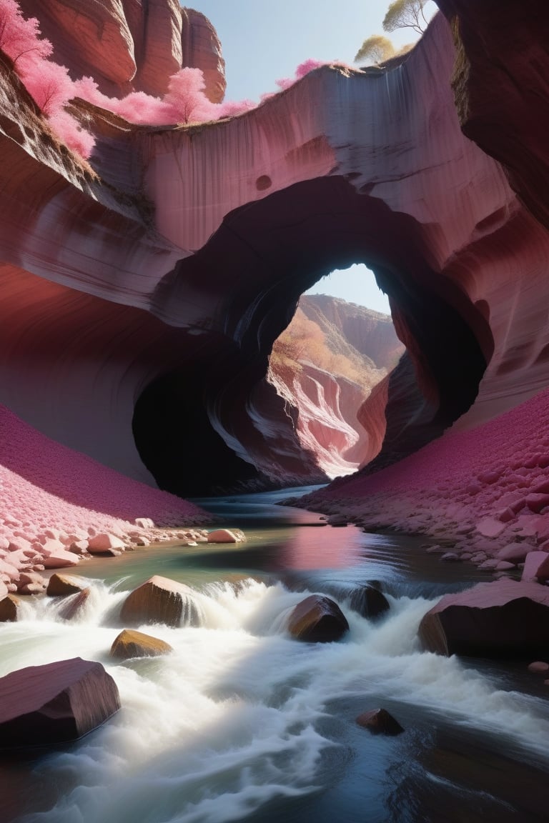 A large tree truck floats down a fast flowing river towards a large oval shaped cave that is covered in pink gemstones and is deep red inside. The scene has a pink hue and a soft blur effect.