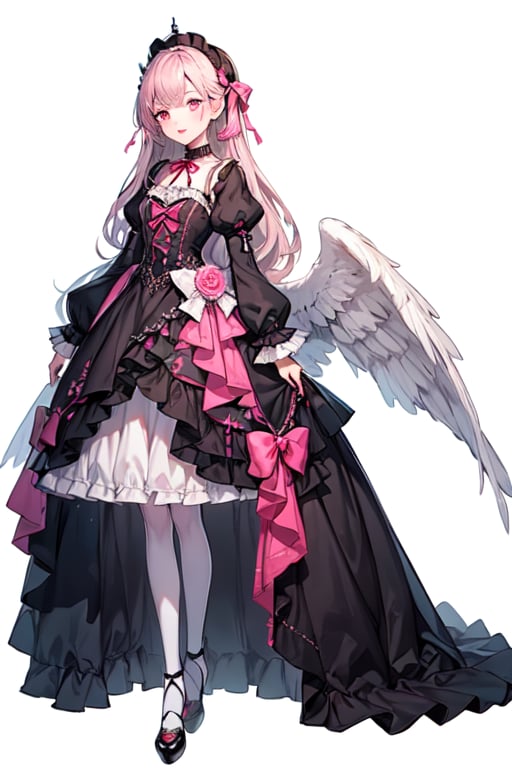 small white wings. long hair, bangs, lolita fashion. pink makeup, pink eyeshadow, pink lips, pink lipstick. full body, white background, 1girl, large eyes, flat color, gothic, gothic lolita, full body view, qzclothesdesign