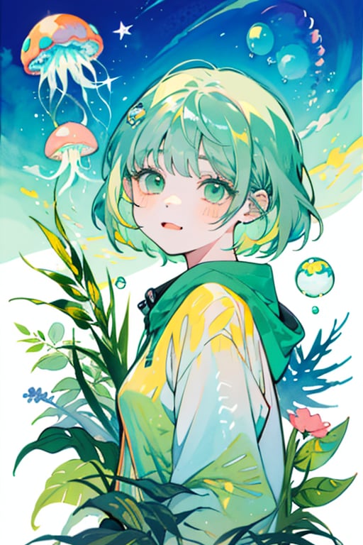  bubbles, jellyfish, shining starfish, thin green seaweed, 1 girl, pastel colors, kawaii, cute colors, shadow, girl, colorful, glowing bubbles, iridescent, watercolor, cheerful