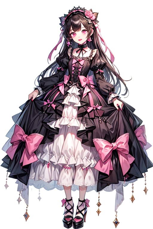 small white wings. long hair, bangs, lolita fashion. pink makeup, pink eyeshadow, pink lips, pink lipstick. full body, white background, 1girl, large eyes, flat color, gothic, gothic lolita, full body view, qzclothesdesign