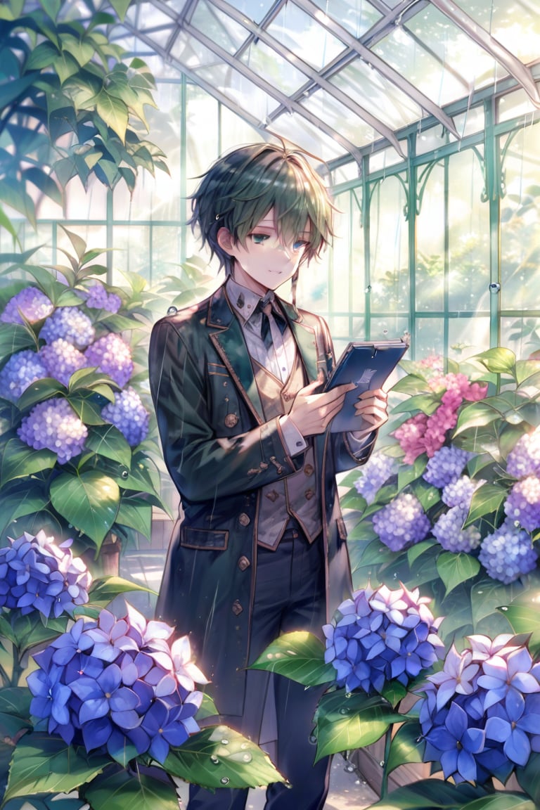 1 male, flowers, hydrangea, foliage, rain drops, greenhouse, (masterpiece:1.2), best quality, intricate, OldStyleOnineko