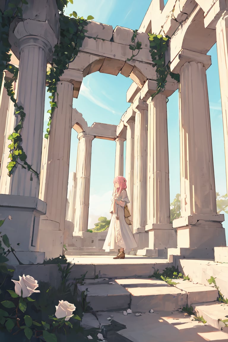 1girl, wide shot, alone, outdoors, greek clothes, greek architecture, ruins, white pillars, pink roses, vines, daytime