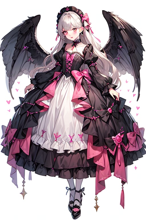 small white wings. long hair, bangs, lolita fashion. pink makeup, pink eyeshadow, pink lips, pink lipstick. full body, white background, 1girl, large eyes, flat color, gothic, gothic lolita, full body view, watercolor, qzclothesdesign