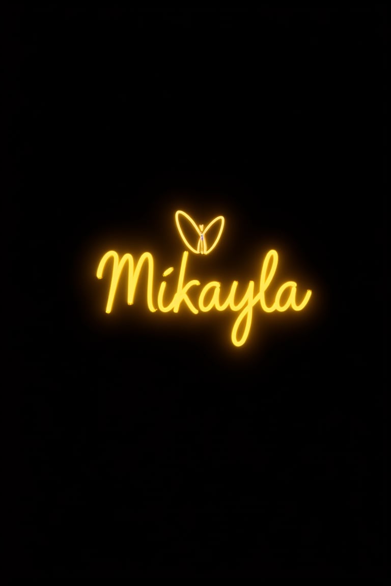 A minimalist, modern logo design featuring MIKAYLA in a yellow, golden cursive, glowing vibrant neon creative font. A butterfly and an abstract symbol are subtly integrated. The logo is set against a dark background, enhancing the glowing effect. The vibrant neon script and delicate floral elements evoke warmth and emotional connection.