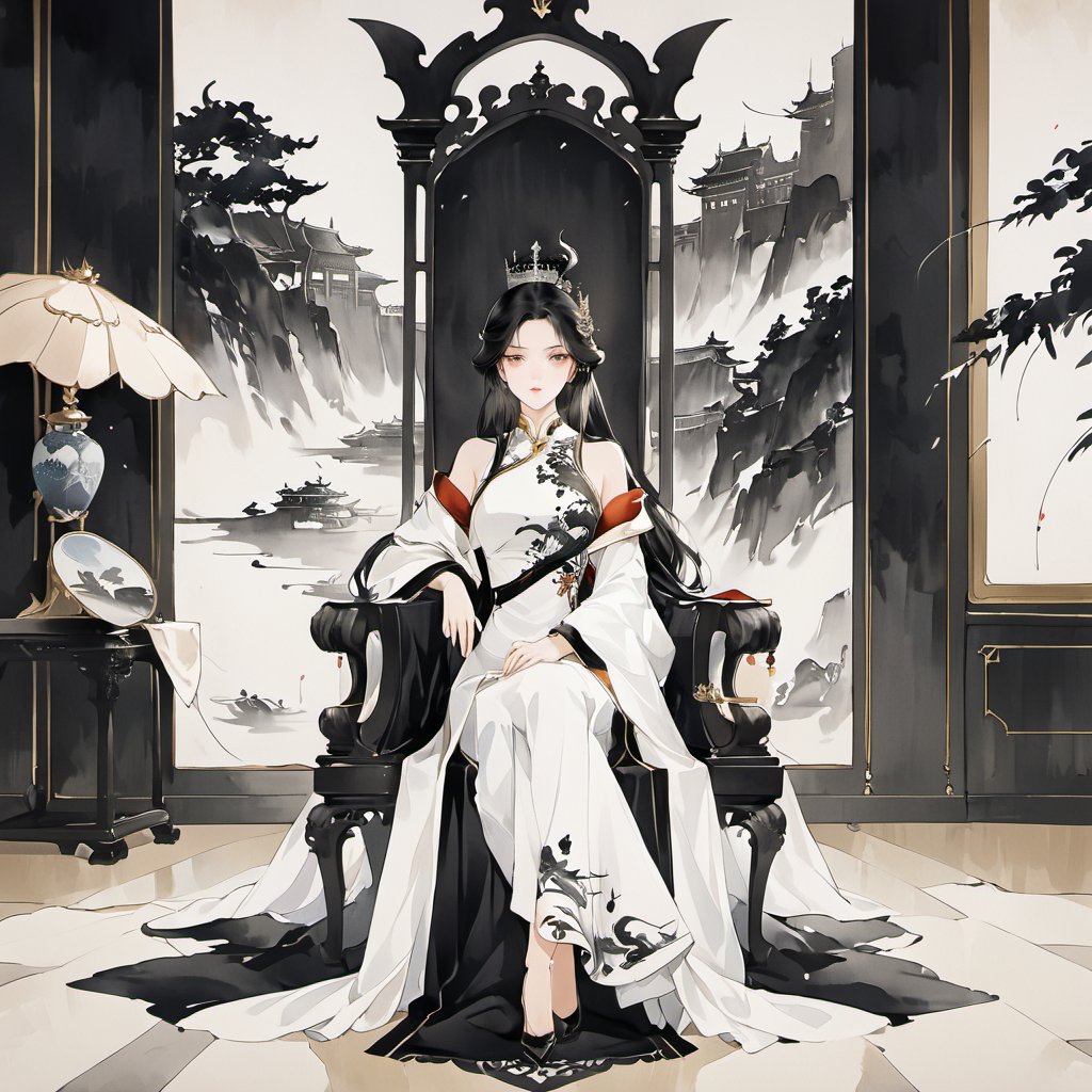 masterpiece,best quality,full body shot,from front view,(POV shot:1.5),look at viewer,1girl,queen,black hair,long hair,20 years old,sitting throne,in royal castle,chinese ink drawing,painting