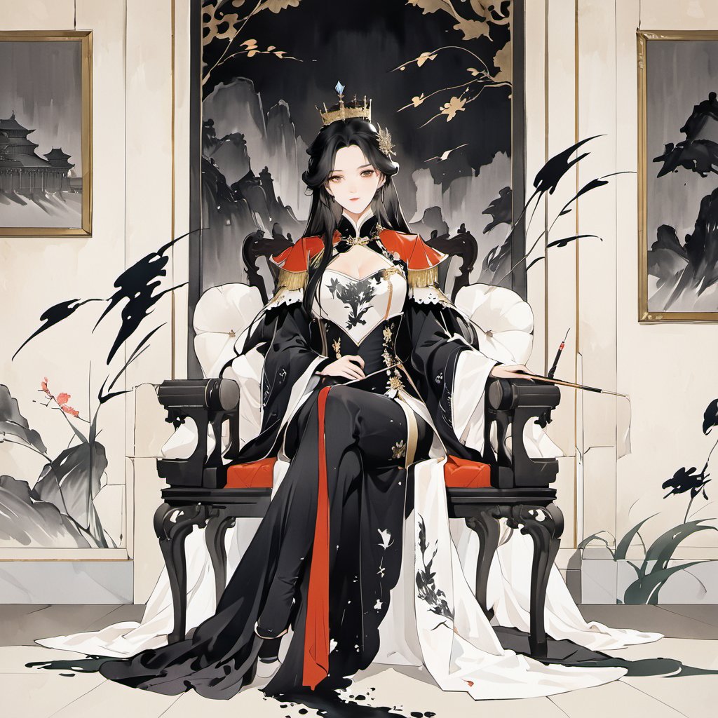 masterpiece,best quality,full body shot,from front view,(POV shot:1.5),look at viewer,1girl,queen,black hair,long hair,20 years old,sitting throne,in royal castle,chinese ink drawing,painting