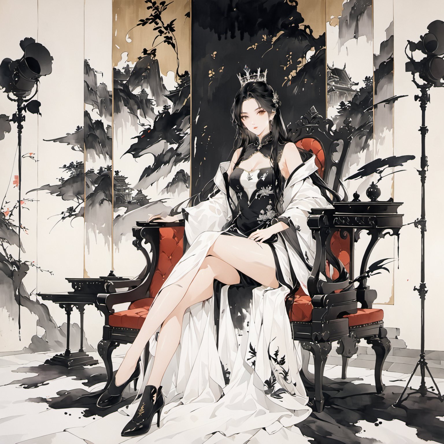 masterpiece,best quality,full body shot,from front view,(POV shot:1.5),look at viewer,1girl,queen,black hair,long hair,20 years old,sitting throne,in royal castle,chinese ink drawing,painting