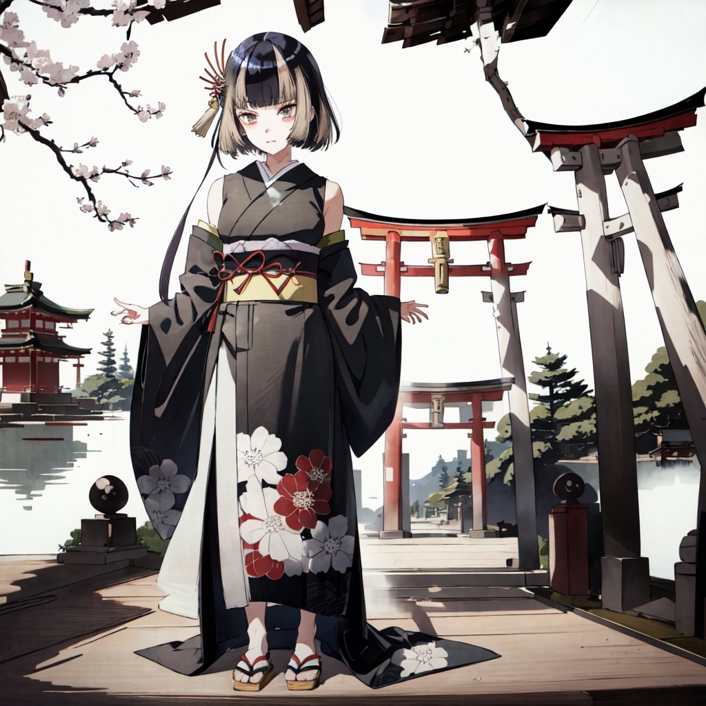 masterpiece,best quality,full body shot,from front view,POV shot,standing pose,1girl,JuufuuteiRaden,RadenBase,RadenRegloss,21 years old, black furisode kimono, floral pattern, obi, hair ornament, white crop top,Shrine,torii,A Traditional Japanese Art,