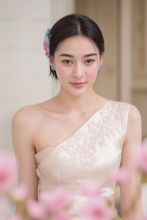 Portrait of A woman wearing a traditional Thai silk dress in soft White and pink embroidery,  accessorized blue jewelry an...