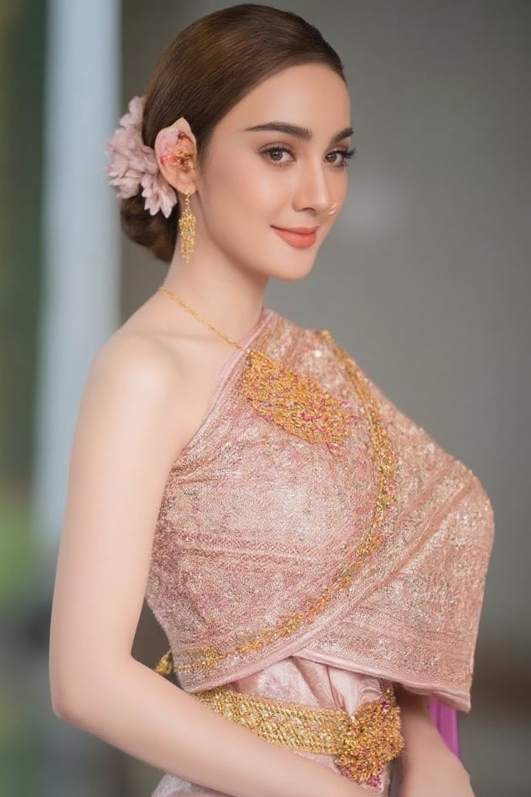 Portrait of a beautiful Thai woman Wearing a light pink Thai silk dress, embroidered and decorated with exquisite jewelry. and flower-patterned hair clips Her hair was neatly styled. And she smiled softly Eyes looking at the camera In a bright and elegant atmosphere Suitable for formal occasions or ceremonies.