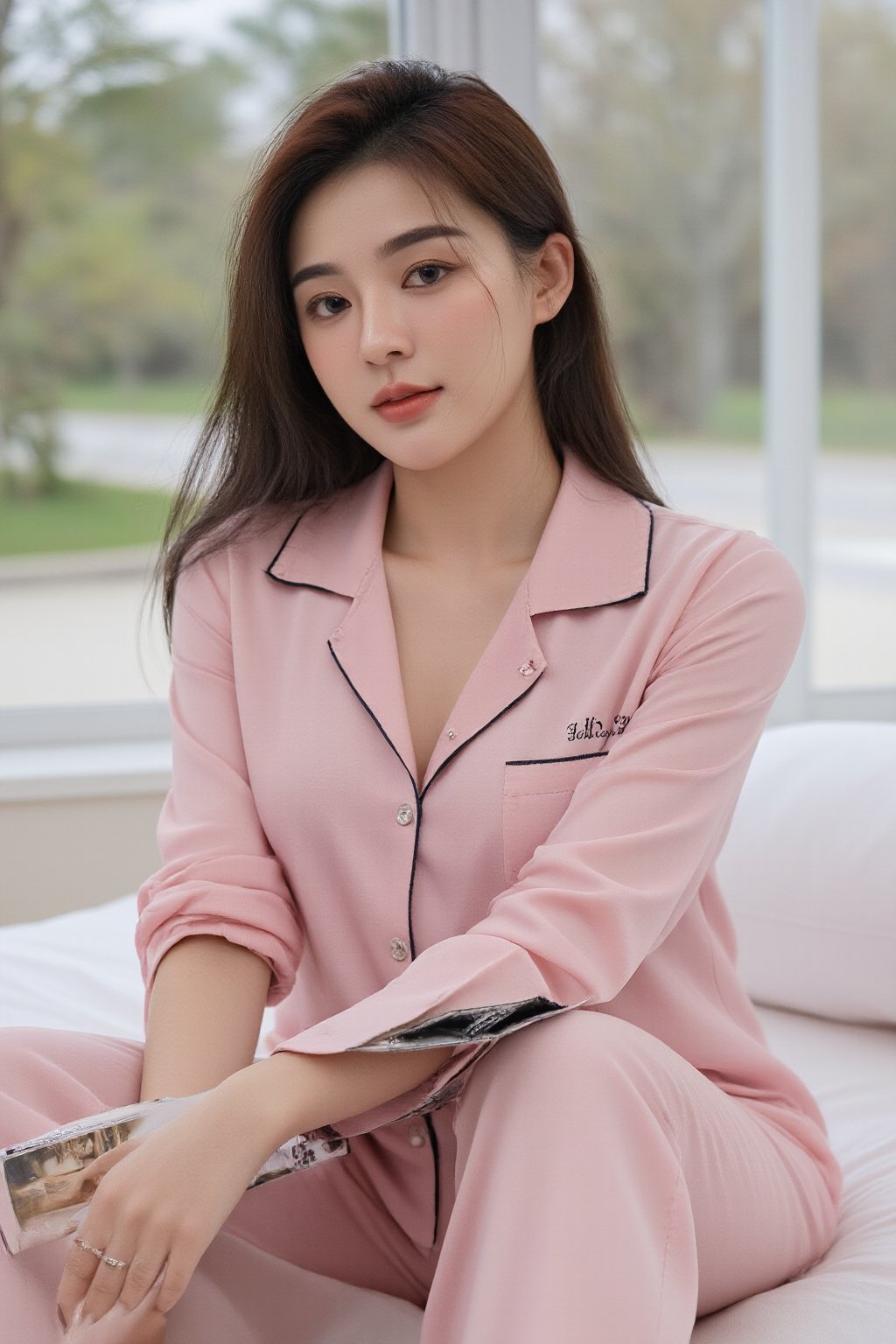 "A beautiful young woman sitting on a bed near a large window with a scenic view of trees and a road outside. She is wearing a silky pink pajama set with black trims, smiling warmly while holding a magazine. Her hair is styled with soft curls, and she has a decorative star-shaped hair clip. The setting is cozy and natural, with soft lighting coming from the window."