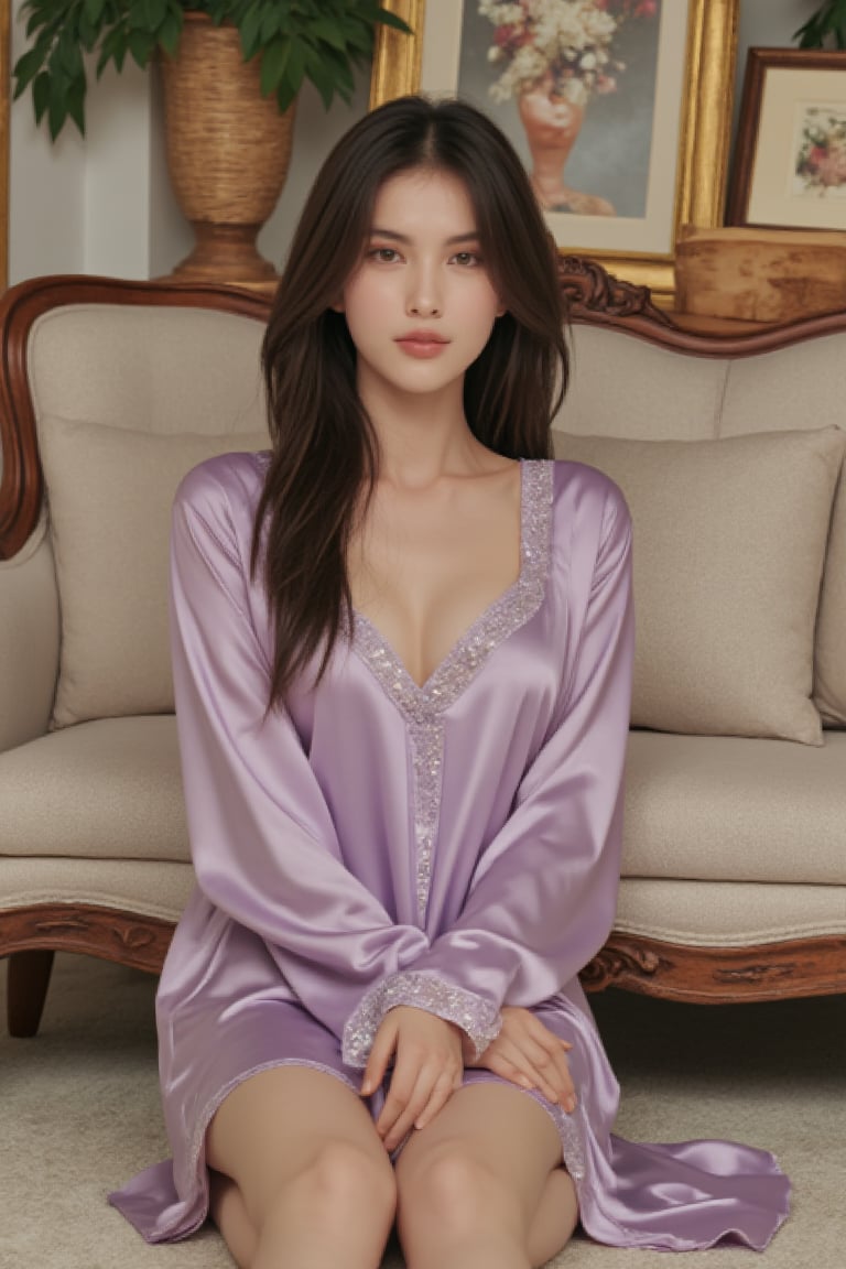 "A young woman sitting comfortably on the floor in a cozy living room, She post sexy, wearing a light purple satin nightgown. The soft, flowing fabric of her outfit reflects the gentle lighting of the room. She has long dark hair and a relaxed expression. The background features a neutral-colored sofa and classic wooden furniture, creating a warm and serene atmosphere."