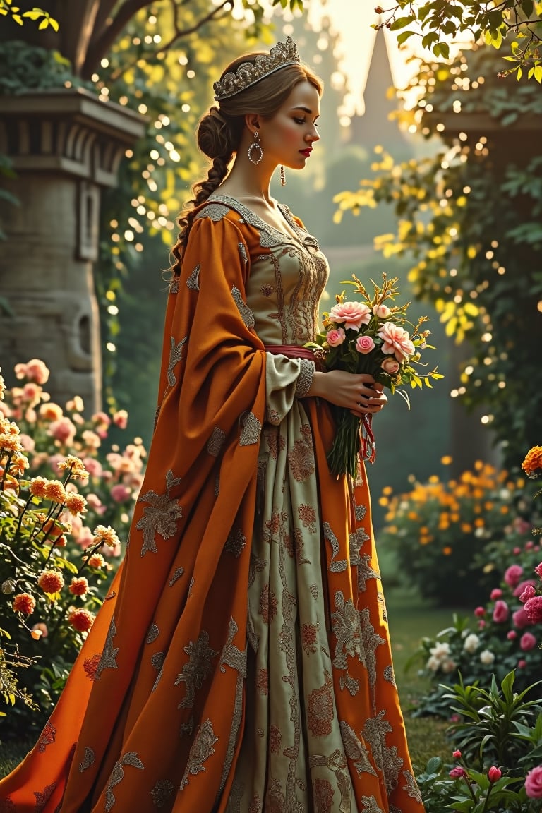 A medieval beauty princess, standing gracefully in a lush garden, surrounded by blooming flowers and verdant greenery. The princess wears a flowing gown of rich silk, adorned with delicate lace and embroidery. The garden is bathed in the soft, golden light of the setting sun, casting a warm glow on the scene. The princess holds a posy of flowers, her expression serene and contemplative. The composition is centered on the princess, with the garden's vibrant colors and intricate details enhancing the tranquil atmosphere.