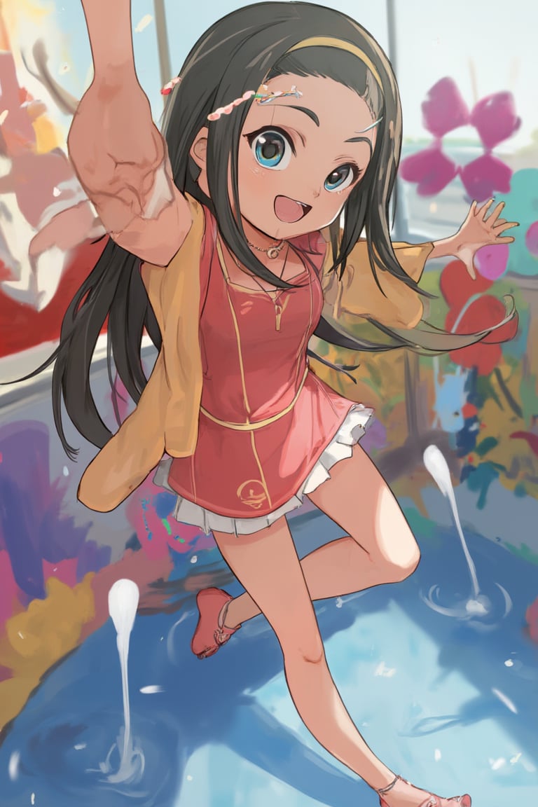 An anime girl with a cute, tall stature, standing confidently with a slight smile. She has large, expressive eyes, long flowing hair, and a youthful, vibrant appearance. The scene captures her in a dynamic pose, possibly mid-stride or with a playful gesture, set against a colorful, lively background.