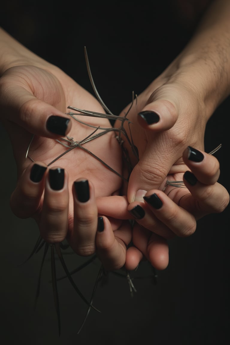 A close-up of two hands, one with slim long fingers and black nails, trying to pull away, while the other hand grips it forcefully, attempting to hold it in place. The scene is tense, with contrasting expressions of resistance and force.