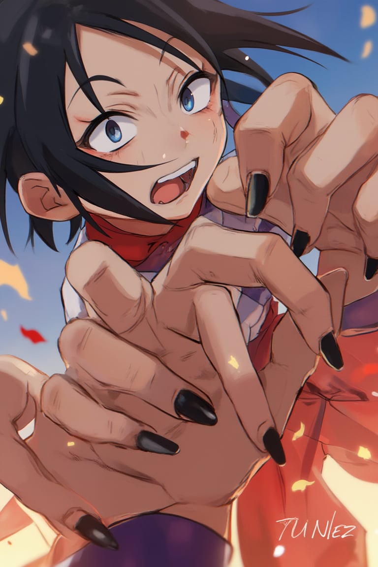 An anime-style close-up of two hands, one with slim long fingers and black nails, trying to pull away, while the other hand grips it forcefully, attempting to hold it in place. The scene is tense, with contrasting expressions of resistance and force, rendered in vibrant, dynamic anime style.