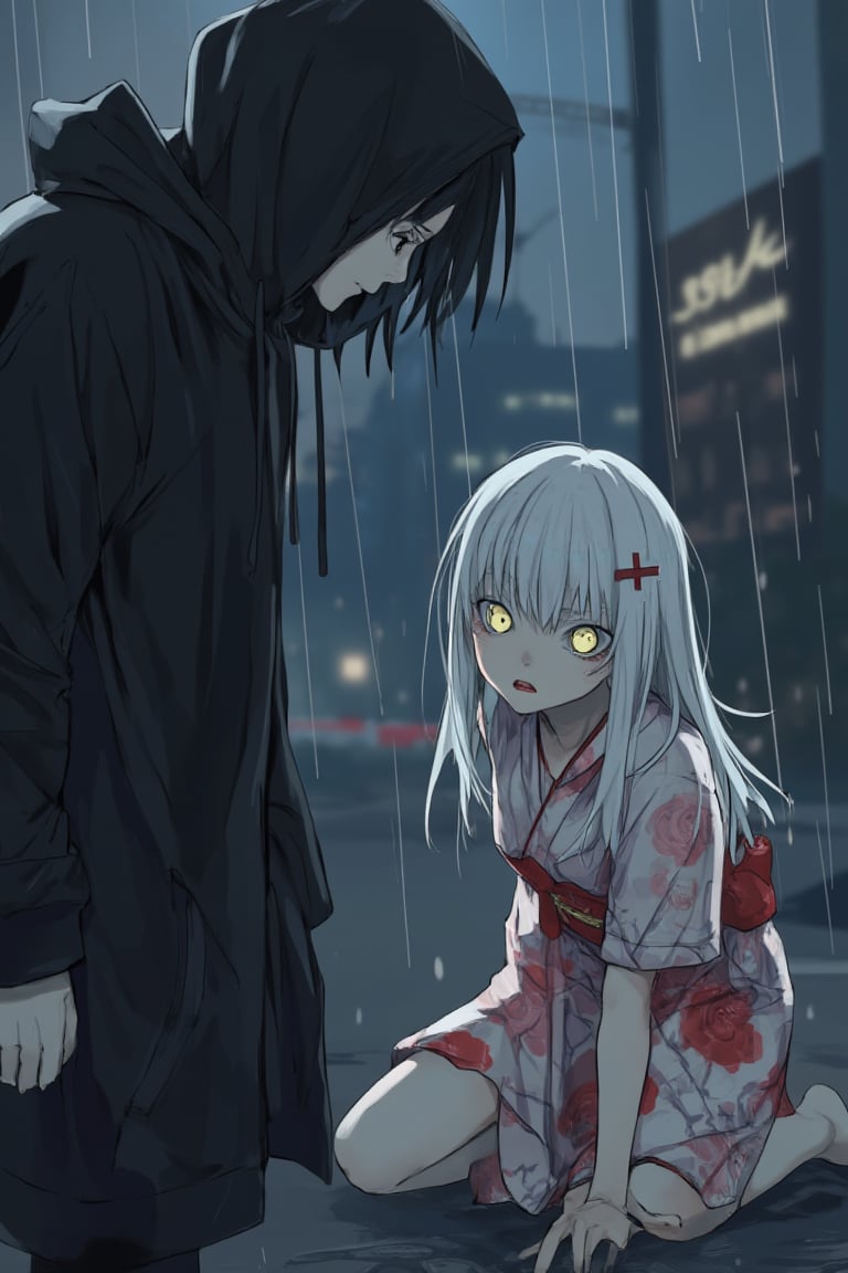 A girl with white hair and front bangs, sharp light yellow eyes, and cupid red lips, her white pale skin contrasting with her slim hands, legs, and body, adorned with long nails. White lashes frame her widened eyes as she wears a rose yukata and a hair clip. She bumps into a tall, mysterious man in a black hoodie on a dark, rainy night. The scene is dimly lit, with raindrops reflecting city lights, creating a tense atmosphere. The girl, tired and slipping onto the ground, looks up at the man, who gazes down at her with an enigmatic expression.