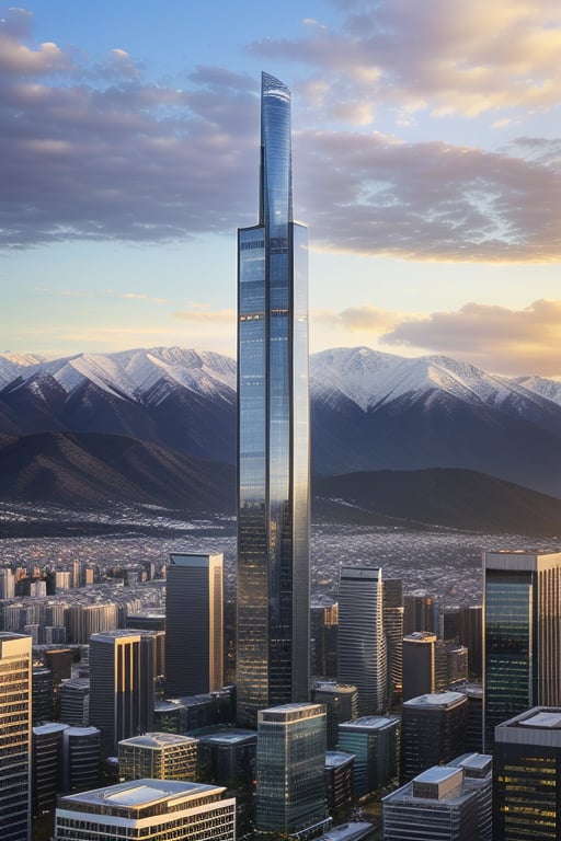 A towering ultra-modern skyscraper with sleek glass facades, surrounded by other contemporary buildings, set against a backdrop of snow-capped mountains. The cityscape is bathed in the golden light of sunset, with long shadows casting dramatic lines across the urban landscape. The composition is framed to emphasize the contrast between the sharp, geometric architecture and the natural, rugged mountains.