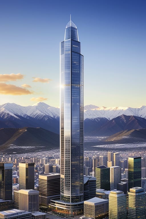 A towering ultra-modern skyscraper with sleek glass facades, surrounded by other contemporary buildings, set against a backdrop of snow-capped mountains. The cityscape is bathed in the golden light of sunset, with long shadows casting dramatic lines across the urban landscape. The composition is framed to emphasize the contrast between the sharp, geometric architecture and the natural, rugged mountains.