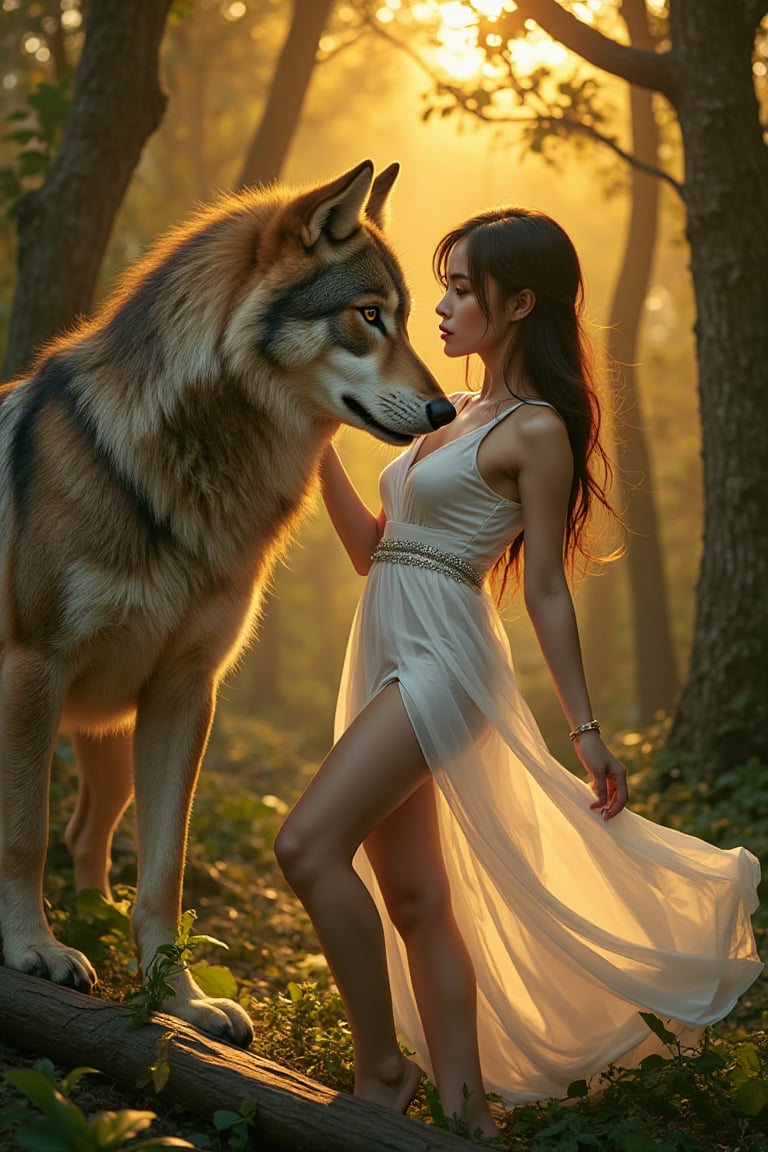 A majestic masterpiece: 'Wild Encounter'. A super-detailed illustration of a regal wolf, its piercing gaze fixed on a stunning woman clad in flowing white, exuding confidence and allure. Her perfect anatomy and ultra-detailed skin seem almost luminous under the warm golden light of the setting sun, casting long shadows across the lush forest backdrop. The woman's poised stance conveys dominance over the wolf, while their intense lock eyes convey a captivating dynamic.