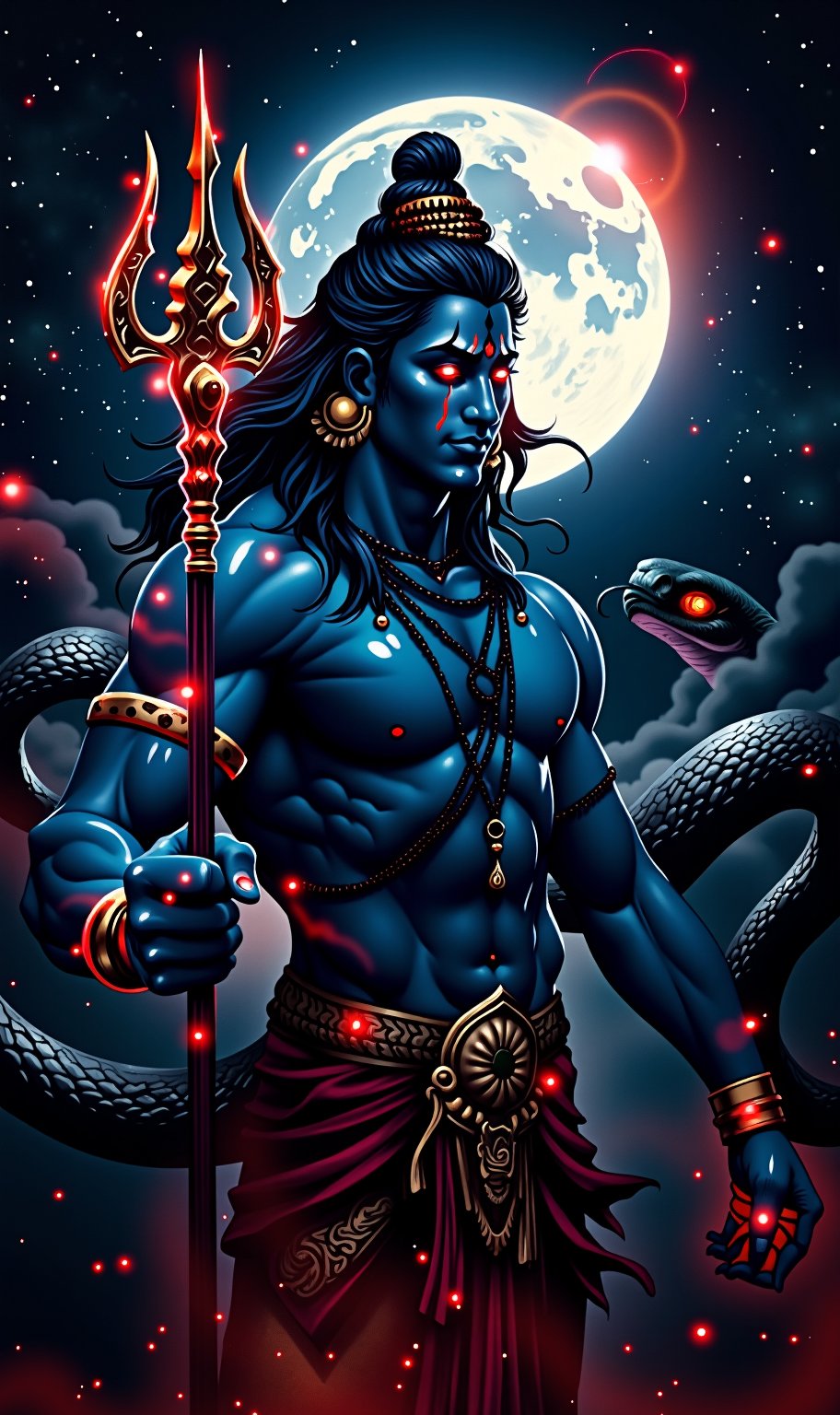 Blue skin lord shiva grabbed a long glowing Red & Golden trident,  milky way galaxy, perfect fingers, background is a Red glowing eyes Giant Black snake & White Big Moon,