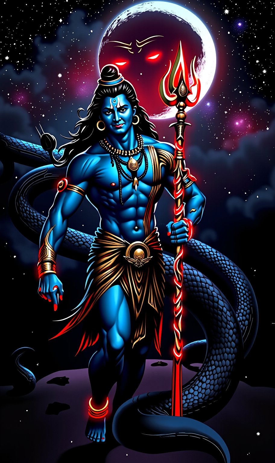 Blue skin lord shiva grabbed a long glowing Red & Golden trident,  milky way galaxy, perfect fingers, background is a Red glowing eyes Giant Black snake & White Big Moon,