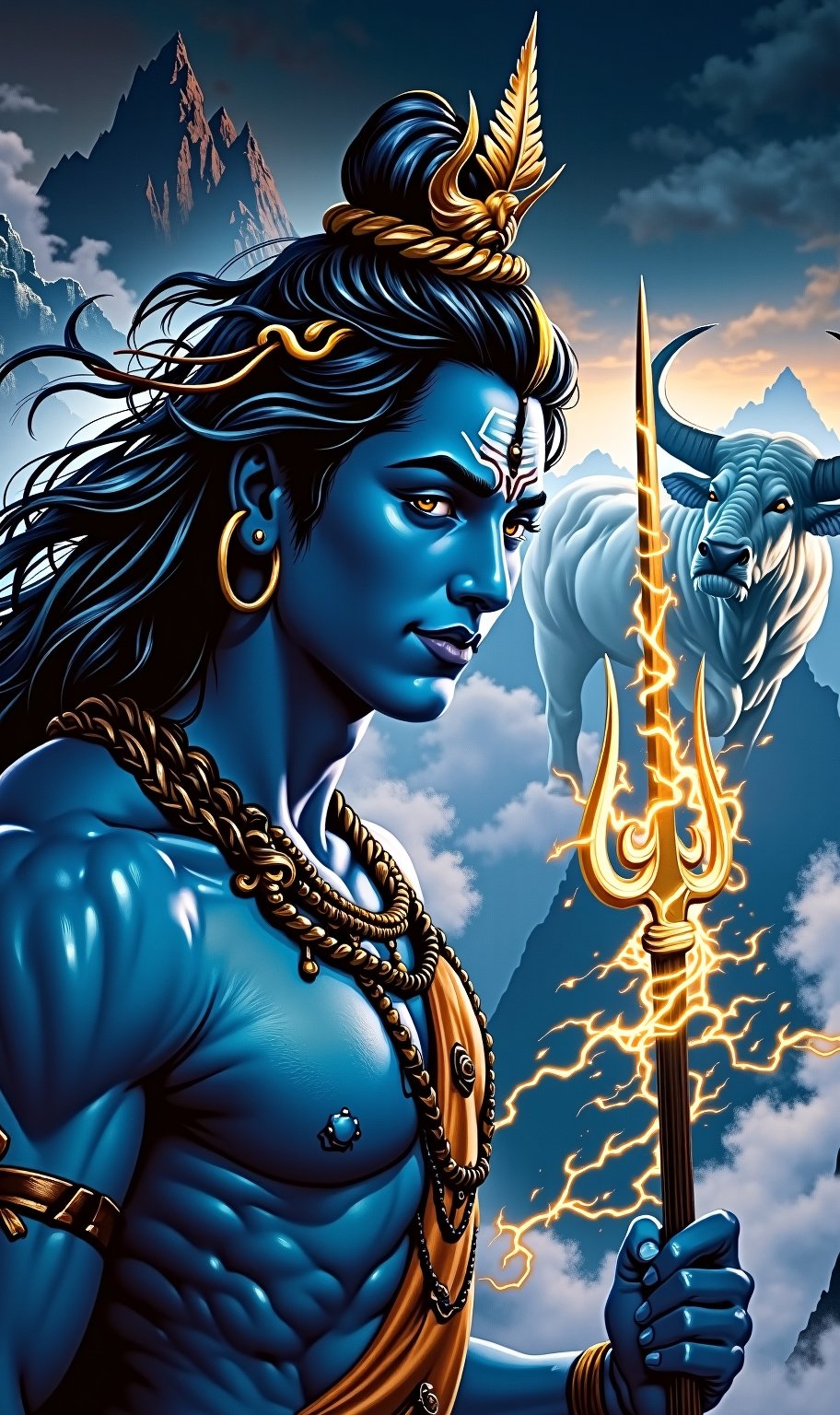 Close up face Blue skin lord shiva, falling long hair in the air,grabbed a long glowing thunder Golden trident,white mountains , perfect fingers, background is a white giant bull with golden horns