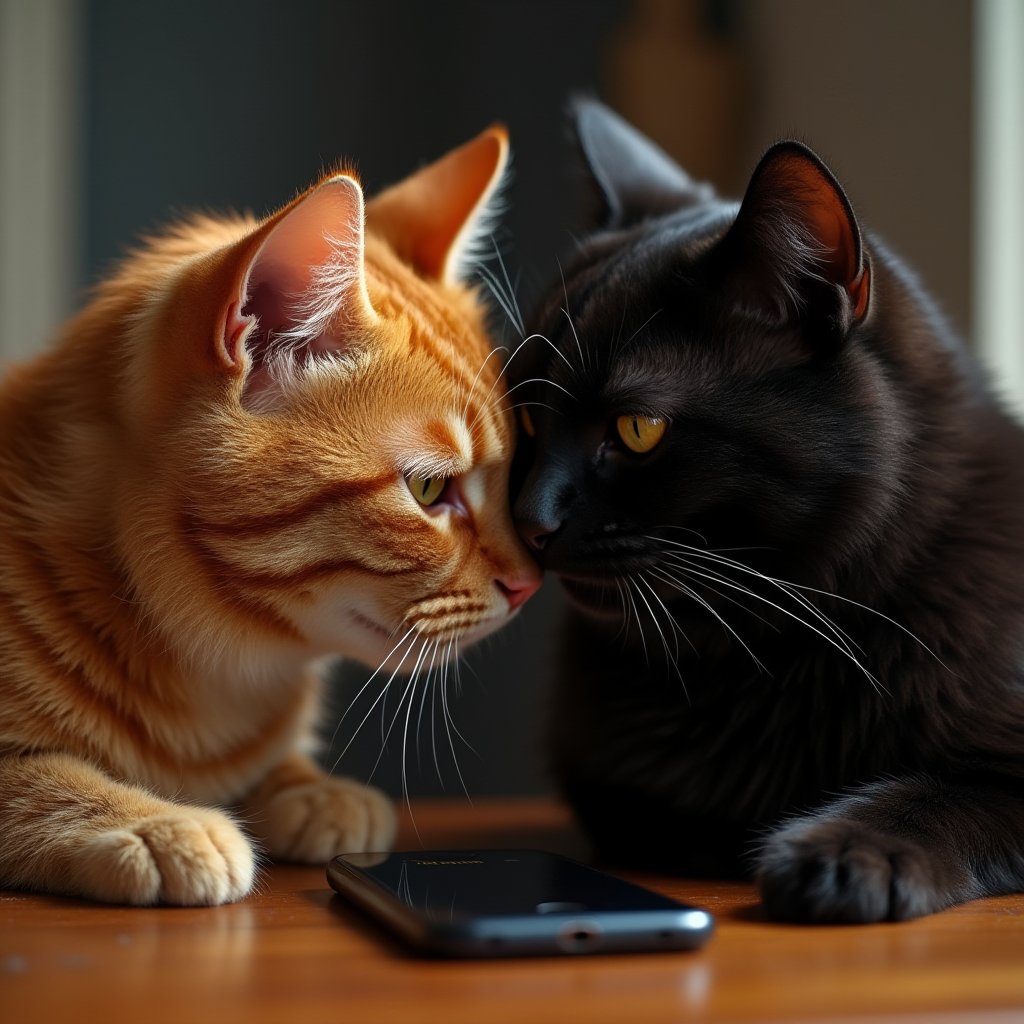 /imagine Orangy tabby cat whispering into the ear of a black cat, making the black cat grin mischievously. Both are sitting at a table with a smartphone in front of them, scene full of playful tension. Detailed fur texture, anthropomorphic expressions, soft indoor lighting, camera angle at eye level, candid moment, Kodak Ektar film style, photorealistic focus.