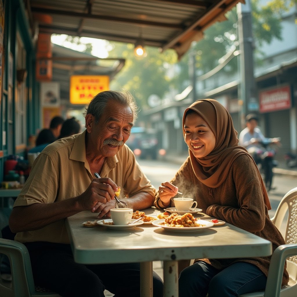 /imagine A 70-year-old man with an 'El Bandito' style mustache and 'Hulihee' haircut, enjoying breakfast at a roadside stall with a cute hijabi woman beside him. They are seated at a small warung, eating lace pancakes (roti jala) with chicken curry, and sipping steaming cups of pulled tea (teh tarik). The woman is smiling warmly, adding a light-hearted atmosphere. Sunlight filters through trees, casting soft shadows on the simple plastic furniture. The scene reflects authentic Malaysian street culture with warm, candid moments, realistic textures, and detailed expressions. Kodak Ektar film style, warm tones.