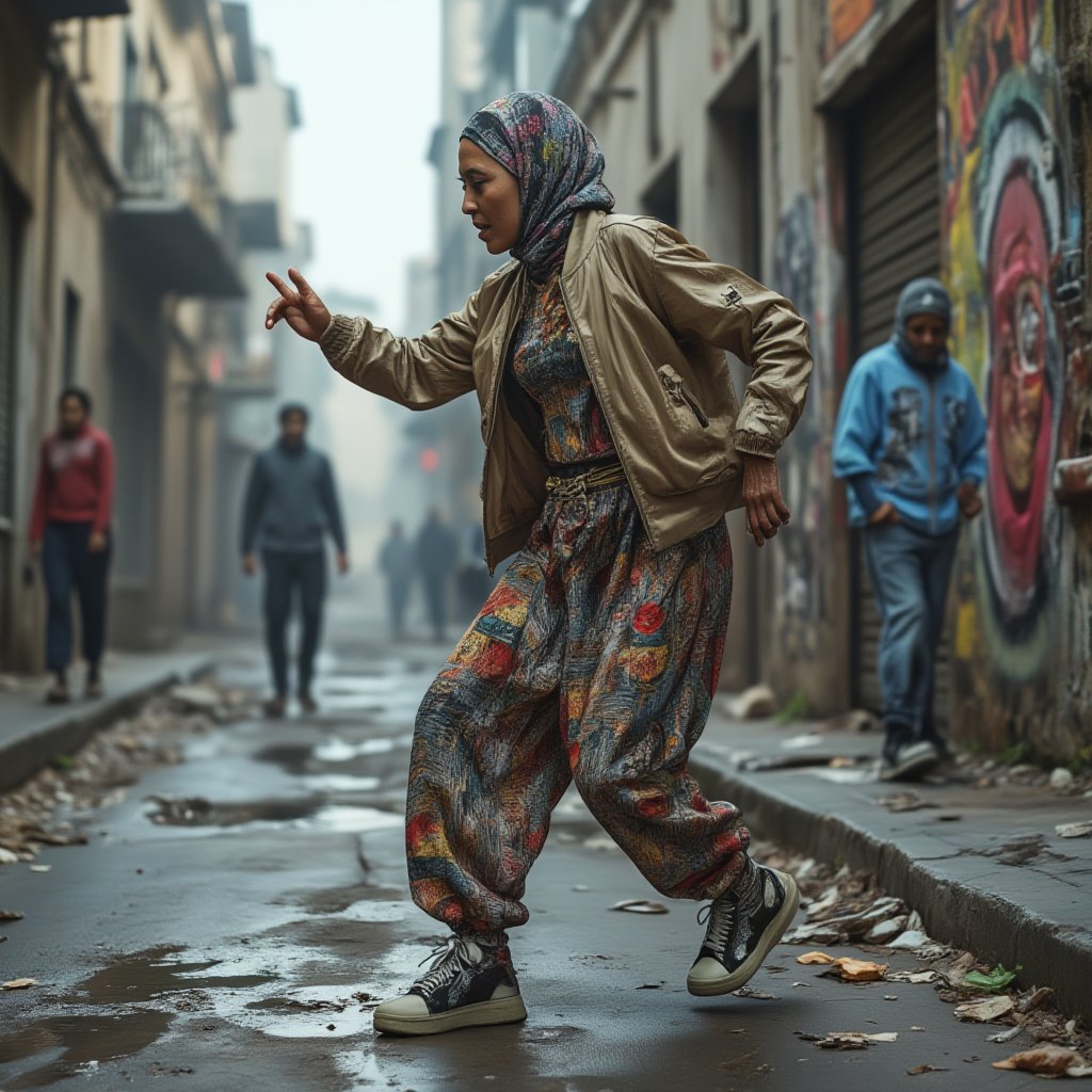 A 70-year-old woman wearing a stylish hijab (stylohijabi) and dressed in hip-hop clothing is in the middle of an energetic hip-hop dance. She wears a bomber jacket, loose pants, and trendy sneakers. The scene takes place in an urban alley with vibrant street art. The movement is dynamic, with her body flowing to the music, and the atmosphere is lively, with strong urban vibes. Soft natural lighting and vivid colors enhance the contrast between her traditional and modern clothing styles.