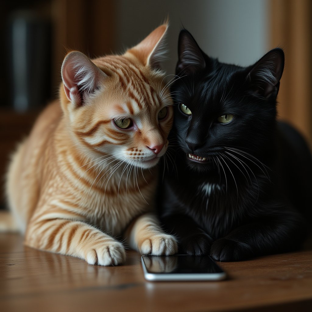 /imagine Orangy tabby cat whispering into the ear of a black cat, making the black cat grin mischievously. Both are sitting at a table with a smartphone in front of them, scene full of playful tension. Detailed fur texture, anthropomorphic expressions, soft indoor lighting, camera angle at eye level, candid moment, Kodak Ektar film style, photorealistic focus.,Pontianak,Kuntilanak