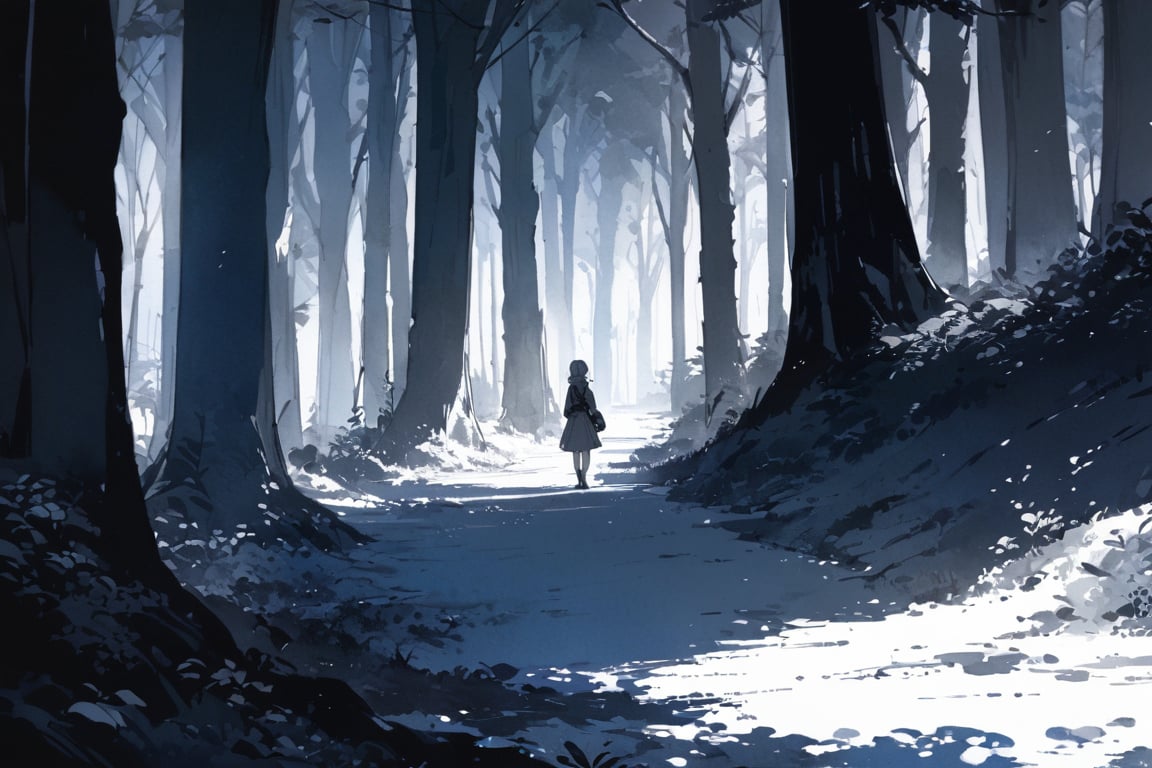 masterpiece:1.4, detailed:1.14, best quality:1.4,  scenery,1girl,white hair:1.3,forest,wide_shot,best shadow, detailed illumination, details,ink paint, watercolor, monochrome