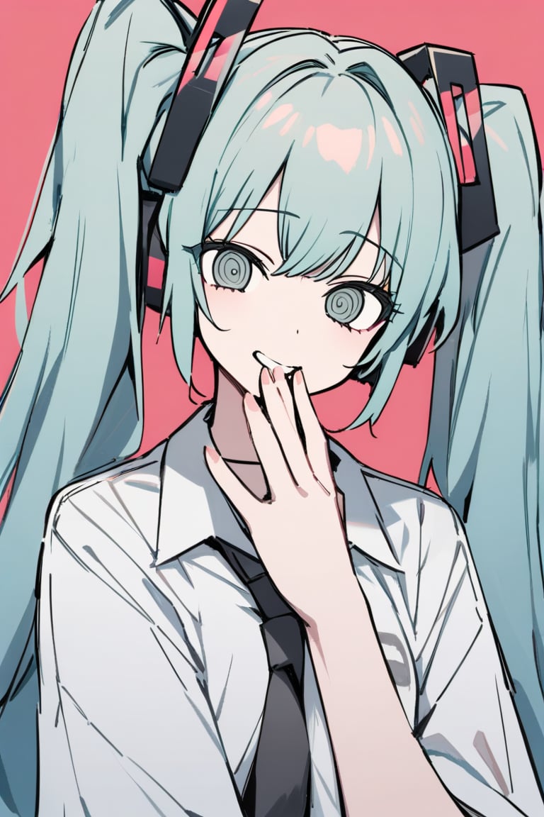 masterpiece,best_quality, 1girl, twintails, long hair,solo, Hatsune Miku, happy expression, looking at the viewer, hand over mouth, shirt, upper body, perfect anatomy, correct hands