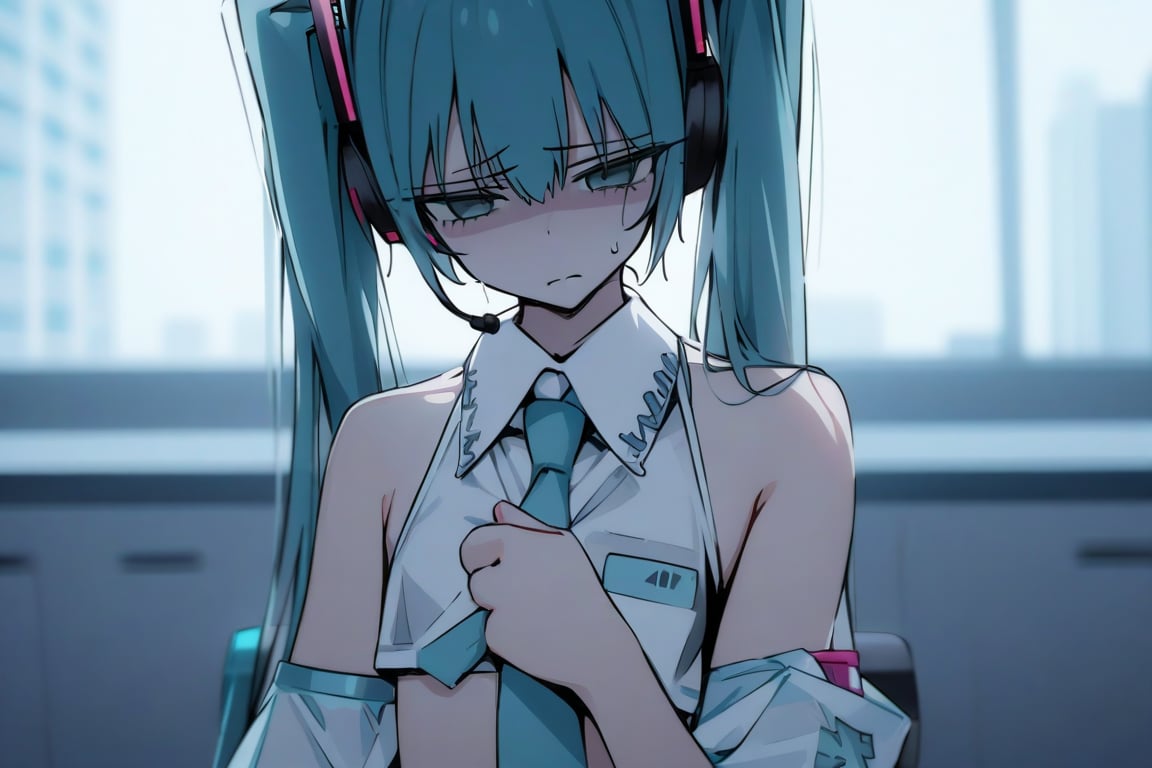 masterpiece,best_quality,hatsune miku, 1girl, twintails, long hair,solo,upper body, swimsuit, necktie, detached sleeves, bikini, shirt, holding, headset, disgust