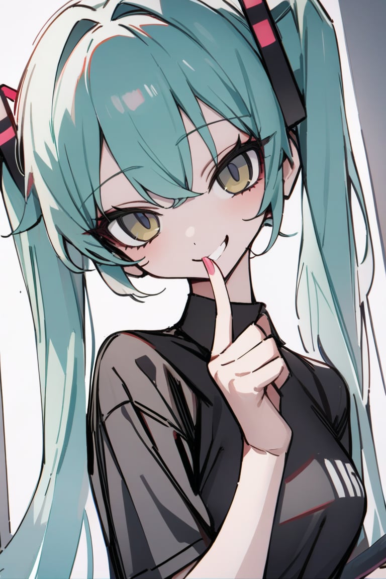 masterpiece,best_quality, 1girl, twintails, long hair,solo, Hatsune Miku, playful smile, looking at the viewer, finger near mouth, shirt, upper body, perfect anatomy, perfect hands, beautiful_female_fingers