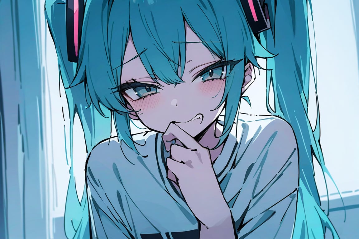 masterpiece,best_quality, 1girl, twintails, long hair,solo, Hatsune Miku, laughing playfully at the viewer, hand covering mouth, shirt, upper body