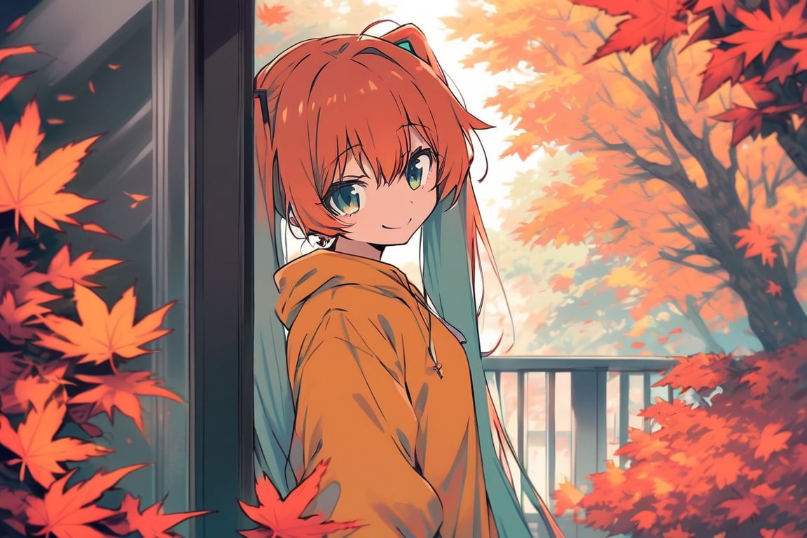 dal-11, masterpiece, best_quality, score_9,score_8_up,score_7_up,source_anime, 1girl, solo, hatsune miku with orange hair, twintails, very long hair, smile, hoodie, maple elements, autumn atmosphere, farewell, waving hand, looking at viewer,  upper body, perfect anatomy, close up, detailed composition