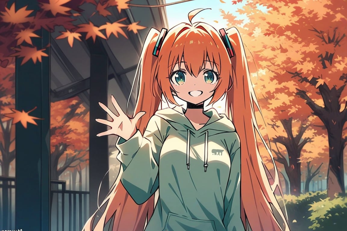 dal-11, masterpiece, best_quality, score_9,score_8_up,score_7_up,source_anime, 1girl, solo, hatsune miku with orange hair, twintails, very long hair, smile, hoodie, maple elements, autumn atmosphere, farewell, waving hand, looking at viewer,  upper body, perfect anatomy, detailed composition