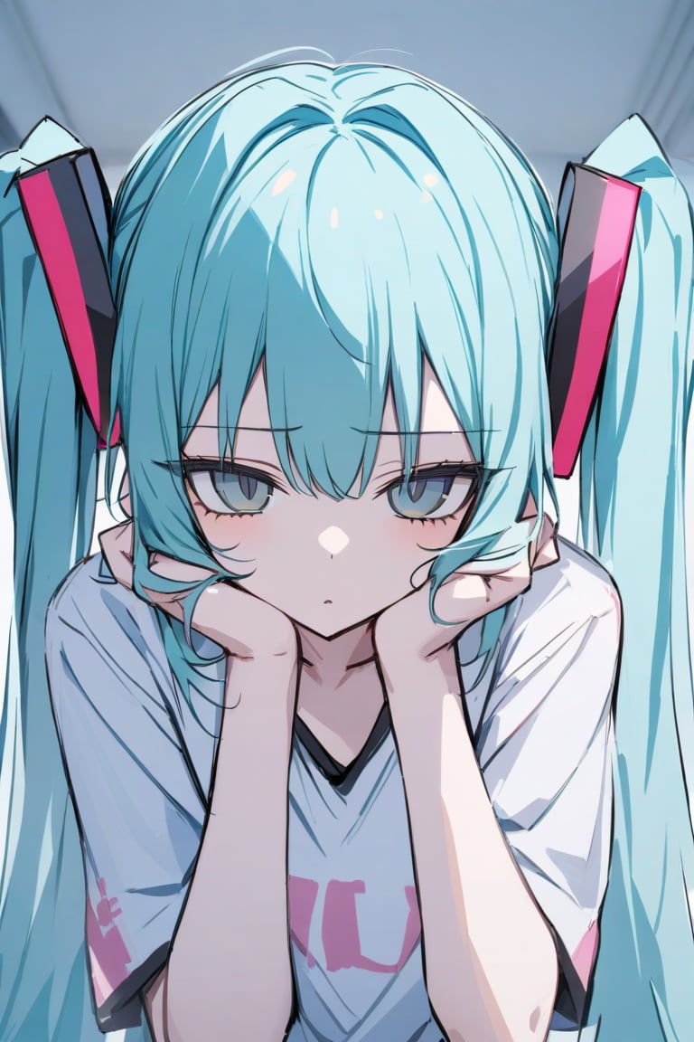 masterpiece,best_quality, 1girl, twintails, long hair,solo, Hatsune Miku, playfully looking at the viewer, hands near face, shirt, upper body, perfect anatomy, correct hands 