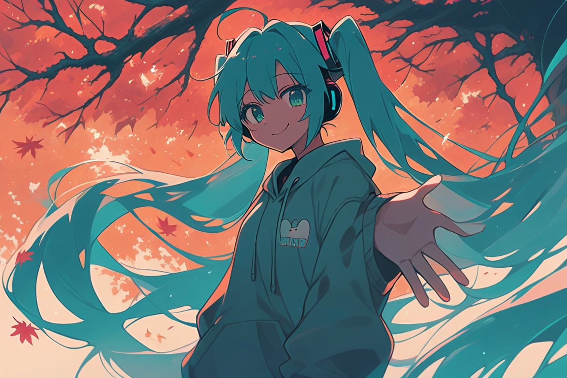 dal-5, masterpiece, best_quality, score_9,score_8_up,score_7_up,source_anime, 1girl, solo, hatsune miku, orange twintails, very long hair, maple head ornament, hoodie, autumn atmosphere, farewell, smile, waving hand, looking at viewer,  upper body, perfect anatomy, detailed composition