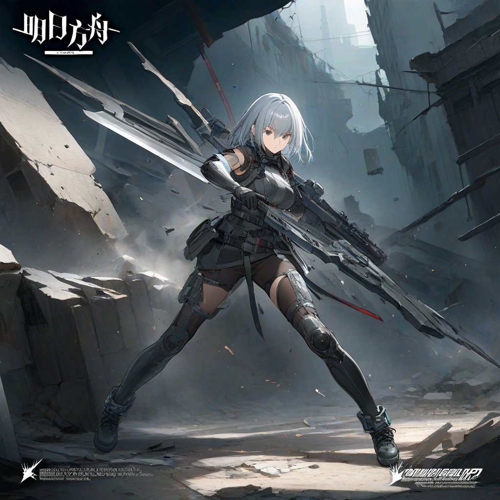 score_9, score_8_up, score_7_up,  source_anime, masterpiece, detailed, best quality, 1girl, perfect anatomy, perfect hands, perfect fingers, BREAK,
a girl holding weapon, standing in ruins, facing the viewer , highres, detailed face, BREAK,
character design, full body,official art, arknights, transparent background, Isometric background, full shot, dynamic pose, BREAK,