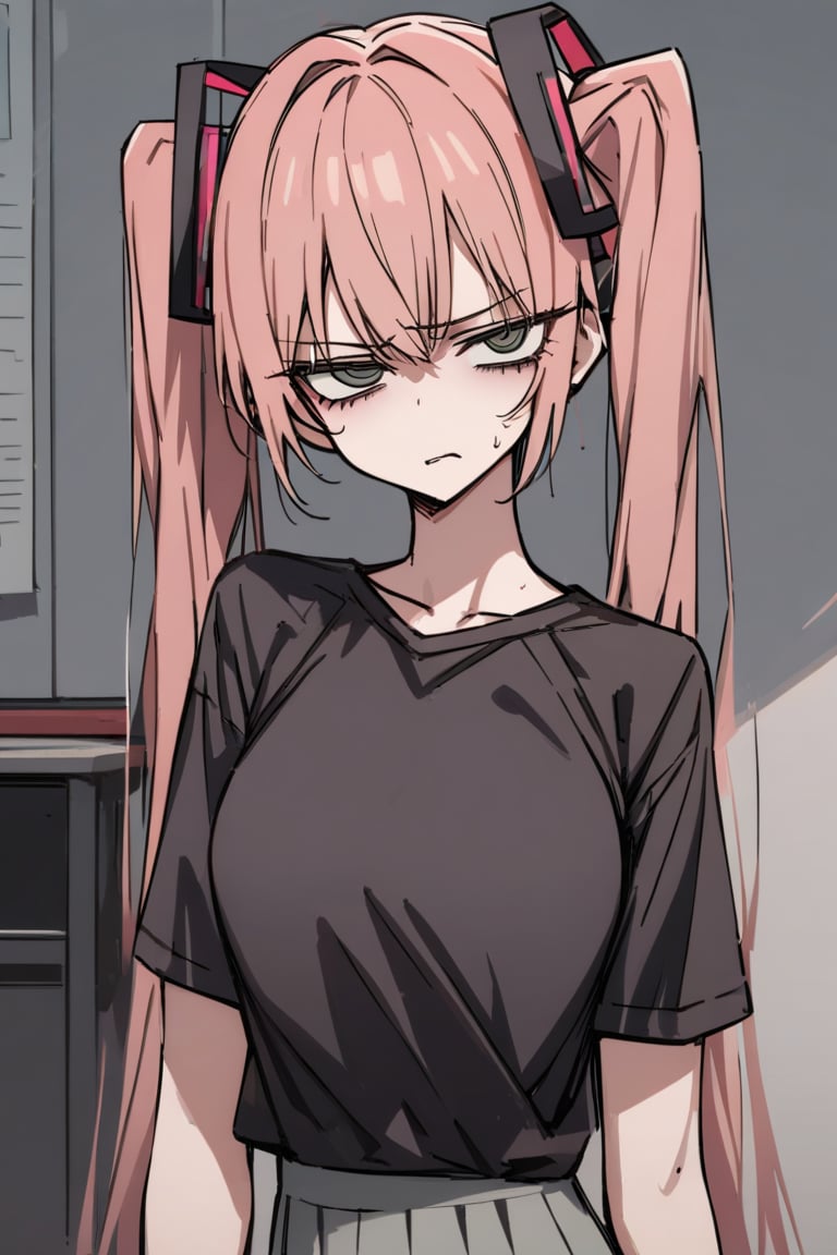 masterpiece,best_quality, 1girl, twintails, long hair,solo, Hatsune Miku, looking ahead on the viewer, disgust, shirt, upper body, perfect anatomy, correct hands