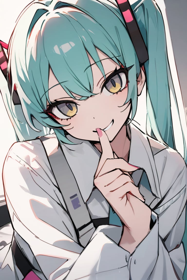 masterpiece,best_quality, 1girl, twintails, long hair,solo, Hatsune Miku, playful smile, looking at the viewer, finger near mouth, shirt, upper body, perfect anatomy, perfect hands, beautiful_female_fingers